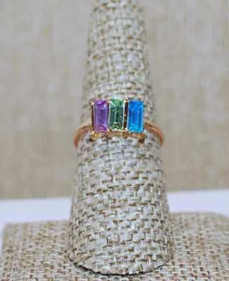 Size 7¼ Triple BAGUETTES RING with Green, Blue & Purple Stones on a Gold Tone Band (2.4g)