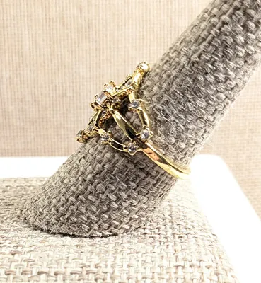 Size 8½ Gold Colored "Web-Like BOUQUET" RING with 22 Tiny Clear Stones on the Points and 6-Prong Clear Center Main Stone &...