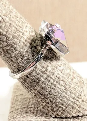Size 7 Iridescent Glass Stone Lavender HEART RING with 1 Side Clear Accent Stones + Small Stone-on-Stone Inlay on a Silver Tone Setting...