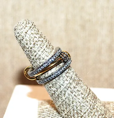 Size 8¼ Interesting & Fun INTERLOCKING CIRCLE 3 RINGS SET with Both Gold & Silver Tone and Stone Accents (5.0g)