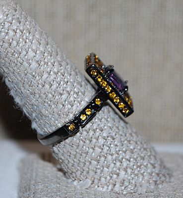 Size 7½ Marked .925 Interesting "PURPLE on AMBER" Rectangle "Panel" of Stones RING with Large Oval Center Stone &...