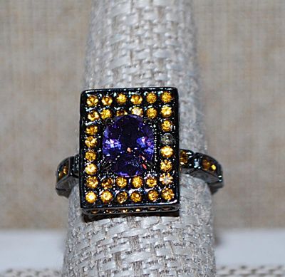 Size 7½ Marked .925 Interesting "PURPLE on AMBER" Rectangle "Panel" of Stones RING with Large Oval Center Stone &...