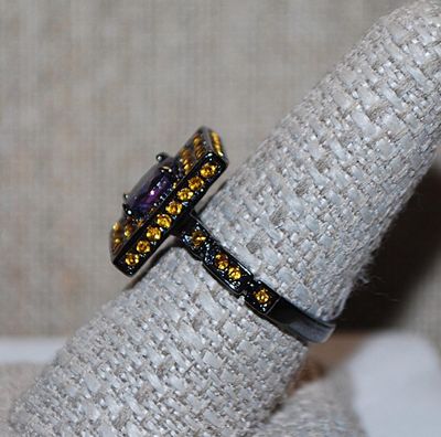 Size 7½ Marked .925 Interesting "PURPLE on AMBER" Rectangle "Panel" of Stones RING with Large Oval Center Stone &...