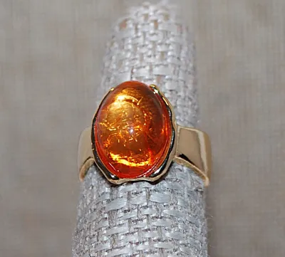 Size 6 ORANGE AMBER Colored MAIN STONE RING on a "Molten Lava Style" Gold Tone SPLIT BAND Setting (5.3g)