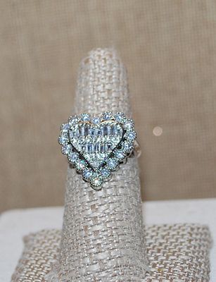 Size 7¼ Marked .925 - "Heart in Heart" Party Style RING with Beautiful Clear Round Stones Surround and Vertical Baguettes on a...