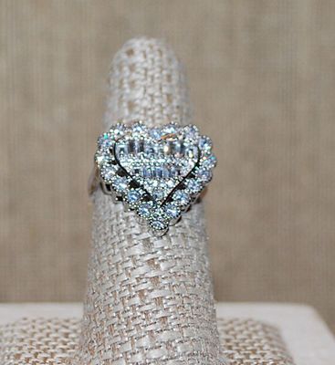 Size 7¼ Marked .925 - "Heart in Heart" Party Style RING with Beautiful Clear Round Stones Surround and Vertical Baguettes on a...