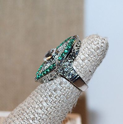 Size 6½ Pointed Oval "Party" Style RING with Green Perimeter Stones, Clear Accents Stones and Filagree Center on a Silver Tone...