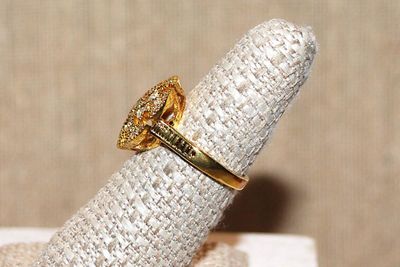 Size 9¼ Marked .925 - Gold Colored Sculptured Setting RING with Small Clear Accent Stones & Gold Colored Silver Band (4.4g)