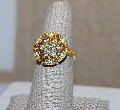 Size 9¼ Marked .925 - Gold Colored Sculptured Setting RING with Small Clear Accent Stones & Gold Colored Silver Band (4.4g)