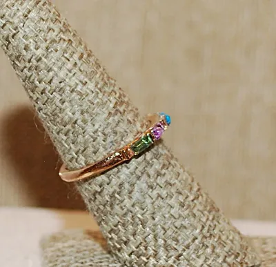 Size 7¼ Delicate Multicolor BAGUETTES RING with Pink, Green, Purple & Blue Stones on a Gold Tone Band (1.8g)