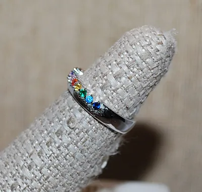 Size 6 Marked .925 Delicate Half Infinity MULTICOLOR Tiny STONES RING on a Silver Band (2.0g)