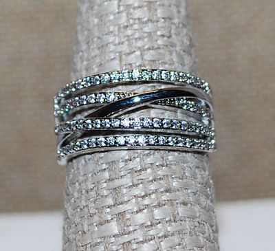 Size 7½ Criss-Cross 5 Lines RING with 4 Jeweled Lines and 1 Slant Line on Silver Tone Setting and Band (4.2g)