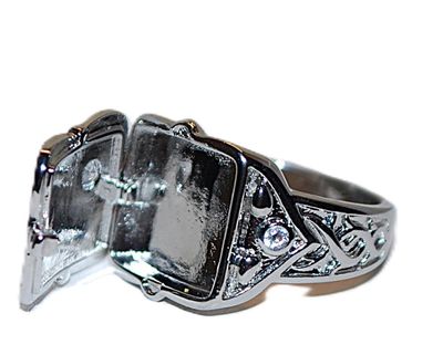 Size 7 "HIDDEN CAMPARTMENT" RING with Single Clear Round Off-Center Stone & Graphic Designed Silver Tone Setting and Band...
