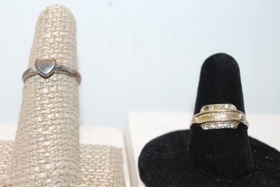 2 Rings Both Size 7 - 1 Silver Tone Heart and Triple Layered Gold Tone - One Stone Missing