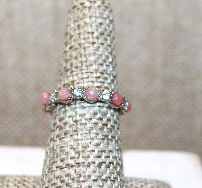 Size 7¼ Pink Globes & Clear Stones Accents Ring on Half Silver Tone Band (1.9g)