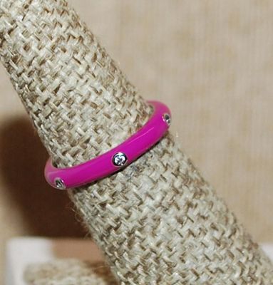 Size 6 Delicate FUCHSIA Enamel Ring with 6 Spaced Accent Stones on a Silver Tone Band (2.1g) - STACK ALL COLORS for a REAL IMPACT