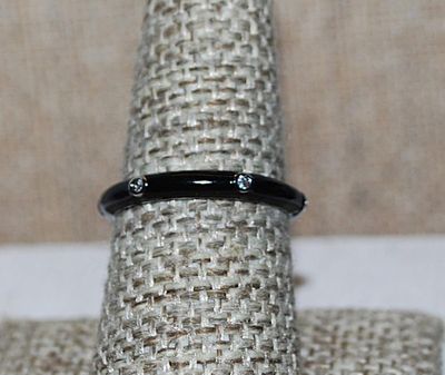 Size 6 Delicate BLACK Enamel Ring with 6 Accent Clear Stones on a Silver Tone Band (2.3g) - STACK ALL COLORS for a REAL IMPACT