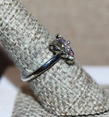 Size 9 BUTTERFLY Triple Marquise Cut LAVENDER Stones RING with Flower on a Silver Tone OPEN_ENDED Setting (2.5g)