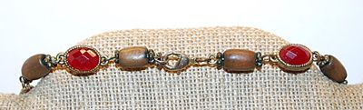 Oval Bright RED Beveled Beads Wrap-Around NECKLACE Intertwined with Wooden Beads and a Lobster Clasp 30" L