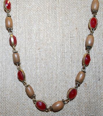 Oval Bright RED Beveled Beads Wrap-Around NECKLACE Intertwined with Wooden Beads and a Lobster Clasp 30" L