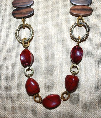 Chunky Deep Red BEADED NECKLACE with Oval Wood Accents and Gold Tone Circles with Lobster Clasp 24" L