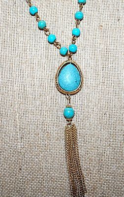 Crackled Blue JADE Style WRAP-AROUND NECKLACE with 3 SWIVEL OVALS Gold Colored DANGLE and Globe Accents on a Gold Chain and Lobster Clasp...
