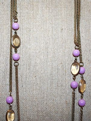 Extra Long WRAP-AROUND NECKLACE with LAVENDER Beads & Clear Oval Accents on a Gold Tone Chain and Snap Release Clasp 54" L