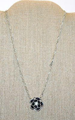 Black Beveled Beaded FLOWER NECKLACE with Silver Tone Edges on a Silver Tone Necklace Chain and Lobster Clasp 17" L