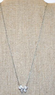 "Bowtie Ribbon" Sparkle Stones PENDANT (¾" x ¾") on a Silver Tone Necklace Chain 16" L