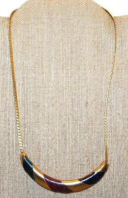 Red, Black & Gold CURVED BAR NECKLACE with Gold Tone Snake-Link Style Chain and Lobster Clasp 16" L