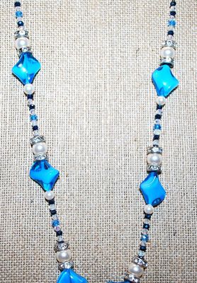 Unique "PEARLS & SEASHELLS" PENDANT (1¼" Diam.) NECKLACE with Blue Acrylic Beads Accents on a Silver Tone Chain &...