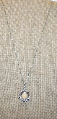 "Spikey" Sun PENDANT (1" Diameter) with a Round Beige Opaque Stone on a Silver Tone Necklace Chain 18" L