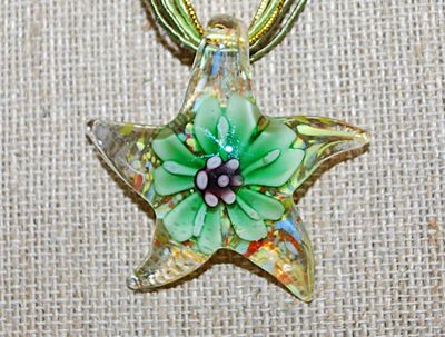 "Starfish" Glass Flowered REVERSIBLE PENDANT/NECKLACE Combo with Lime Green & Gold Cords and Lobster Clasp 16" L