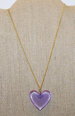 VINTAGE 1940's Or Later Lucite LAVENDER HEART PENDANT (1¼" x 1¼") with a Snap-On Clasp Brass Colored Necklace Chain...