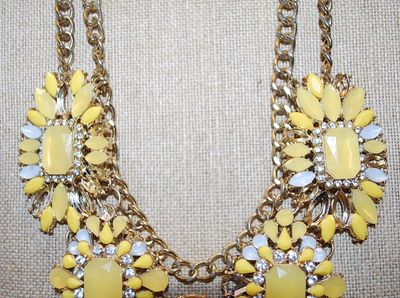 Vintage Showy Bright Yellow & White 5 Segment NECKLACE with Bold 2 Strand Gold Tone Looped Chain 20" L