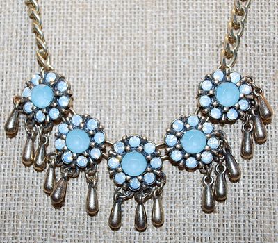 Very Pretty Robin's Egg BLUE NECKLACE with 5 "Flowers" and Triple Metal Dangles and Gold Tone Chain and Lobster Clasp...