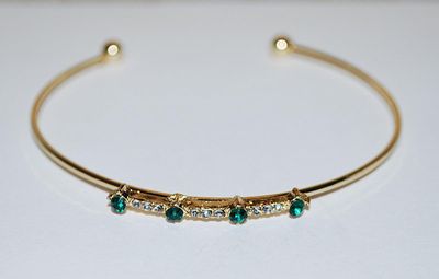 Gold Colored Open-End BRACELET (2½" Opening) with 4 "Emerald GREEN" Round Stones & Triple Clear Stones Spacer Accents...