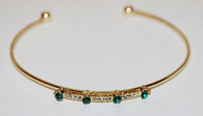 Gold Colored Open-End BRACELET (2½" Opening) with 4 "Emerald GREEN" Round Stones & Triple Clear Stones Spacer Accents...