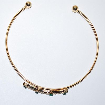 Gold Colored Open-End BRACELET (2½" Opening) with 4 "Emerald GREEN" Round Stones & Triple Clear Stones Spacer Accents...