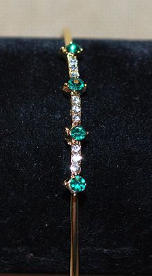 Gold Colored Open-End BRACELET (2½" Opening) with 4 "Emerald GREEN" Round Stones & Triple Clear Stones Spacer Accents...