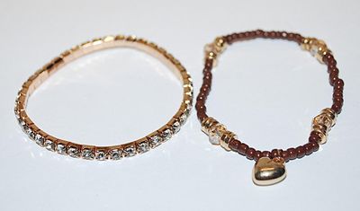 Collection of 2 Elastic BRACELETS (2" Opening) with Brown Beads & HEART; and Infinity Style Clear Stone Style with Gold Tone...