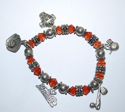***NEW SALE PRICE*** BASEBALL Themed Elastic CHARMS BRACELET (2½" Opening) with Bat, Ball, Glove, Catcher's Mask, Etc.