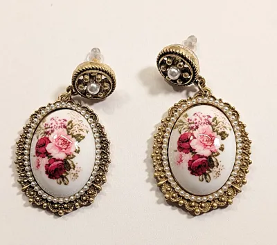 **NEW ARRIVAL** Oval "Cameo-Style" RED & PINK ROSES EARRINGS with Gold Tone Setting + Stud Post Clasp