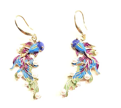 **NEW ARRIVAL** Enameled "FISH" EARRINGS with Small Faux White Pearls on Blue & Red Flowing Fins Fish on a Gold Tone...