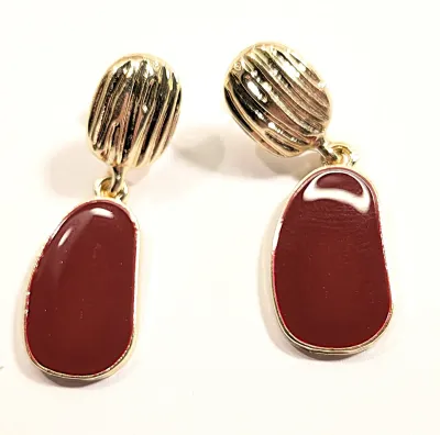**NEW ARRIVAL** *Red Enamel Series* Enameled Dangle EARRINGS with Deep Burgundy Colored Curved Ovals on a Gold Tone Setting and Stud Post...