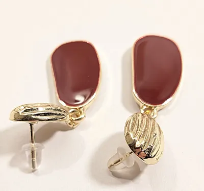 **NEW ARRIVAL** *Red Enamel Series* Enameled Dangle EARRINGS with Deep Burgundy Colored Curved Ovals on a Gold Tone Setting and Stud Post...