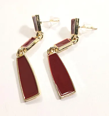 **NEW ARRIVAL** *Red Enamel Series* Enameled Dangle Segmented EARRINGS with Deep Burgundy Colored Rectangles on a Gold Tone Setting and...