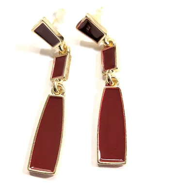 **NEW ARRIVAL** *Red Enamel Series* Enameled Dangle Segmented EARRINGS with Deep Burgundy Colored Rectangles on a Gold Tone Setting and...