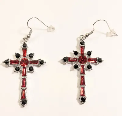 **NEW ARRIVAL** Beautiful RED & BLACK STONES CROSS EARRINGS with Silver Tone Setting and WIRE HOOK Clasp