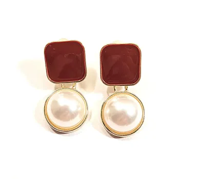 **NEW ARRIVAL** *Red Enamel Series* Large Faux Half Pearl EARRINGS with Deep Burgundy Colored Square on a Gold Tone Setting and Stud Post...